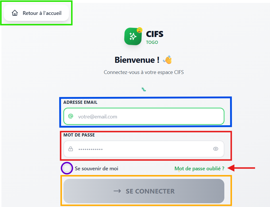 Interface de connexion détaillée